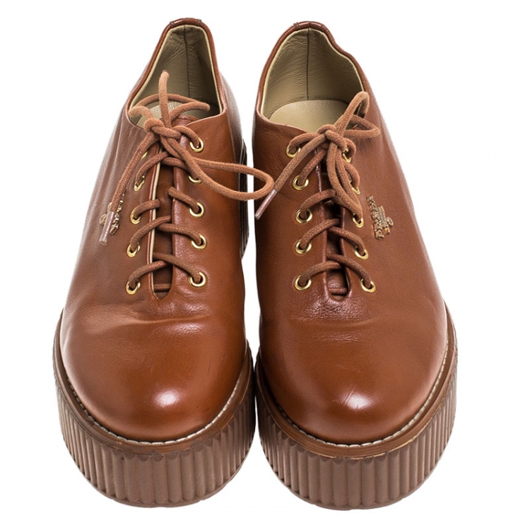 Pre Owned Prada Tan Leather Lace Platform Derby Sneakers Size 38
