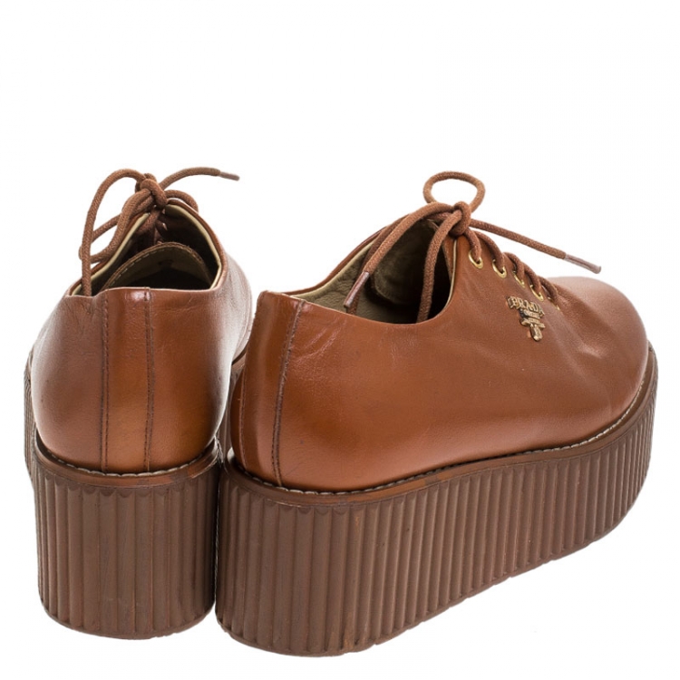Pre Owned Prada Tan Leather Lace Platform Derby Sneakers Size 38