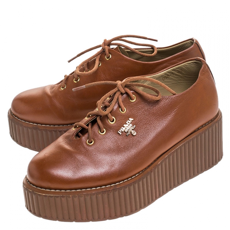 Pre Owned Prada Tan Leather Lace Platform Derby Sneakers Size 38