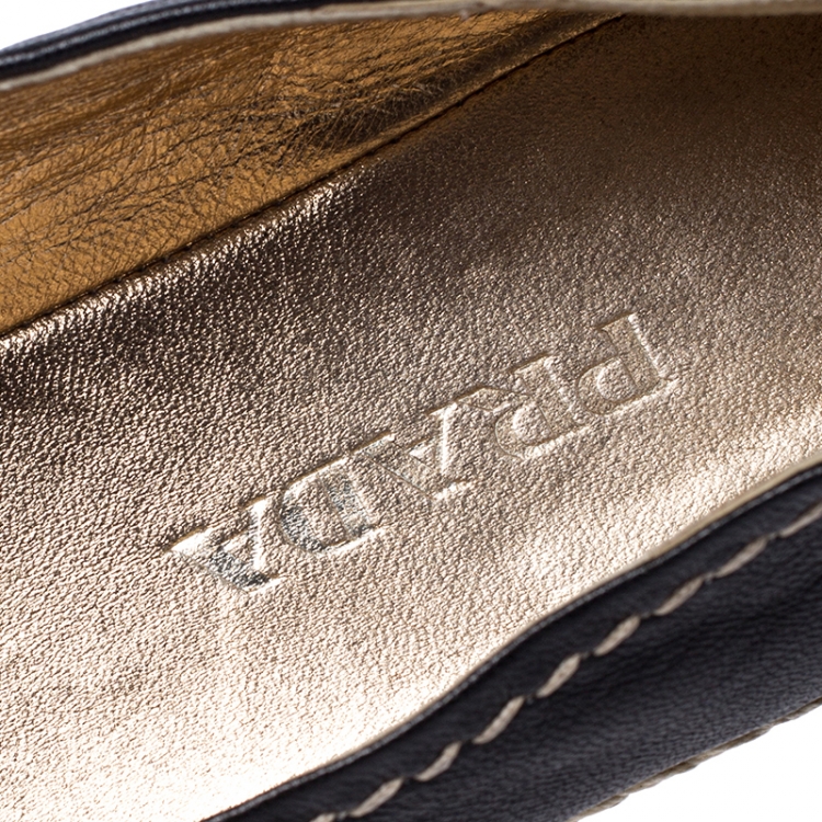 Pre Owned Prada Black Leather Espadrille Platform Loafers Size 37