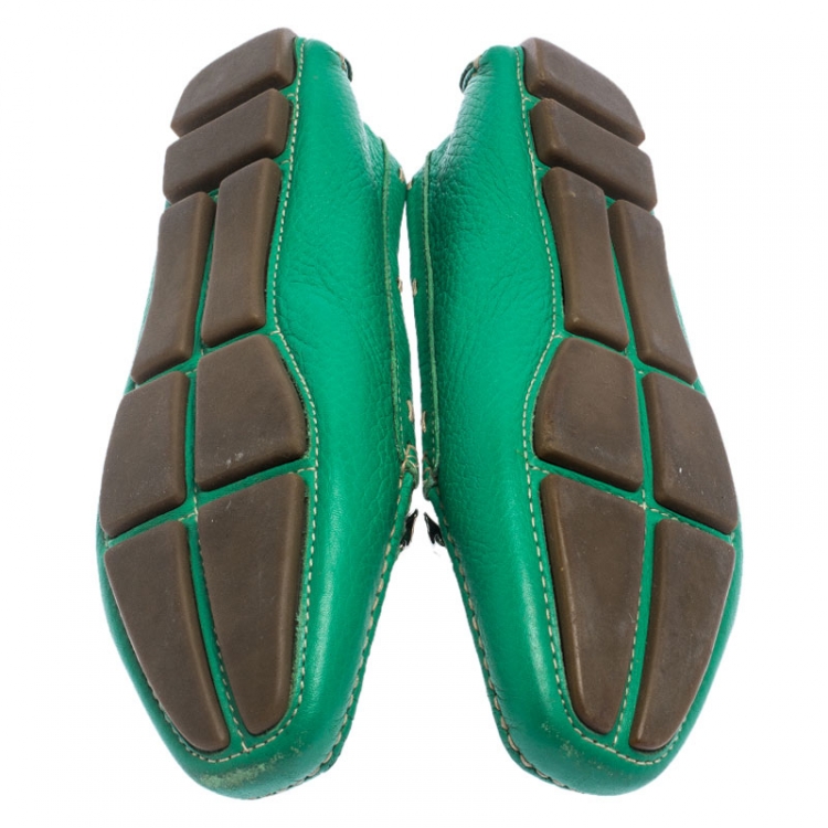Pre Owned Prada Green Leather Buckle Detail Slip On Loafers Size 36.5