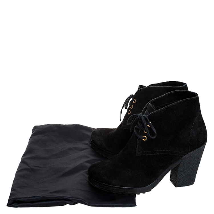 مملوكة مسبقًا Prada Black Suede Block Heel Lace Up Ankle Boots Size 38.5