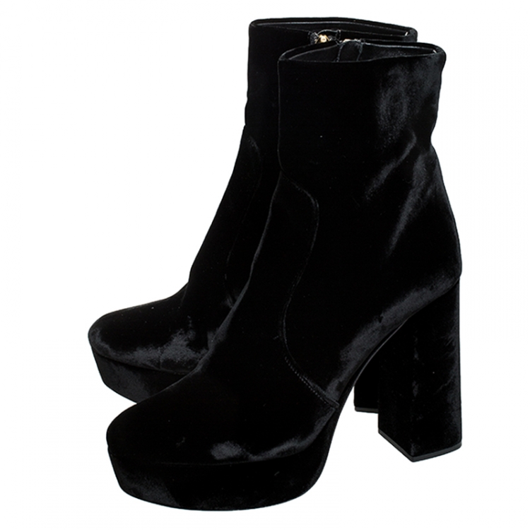 Pre Owned Prada Black Velvet Zip Platform Ankle Boots Size 41