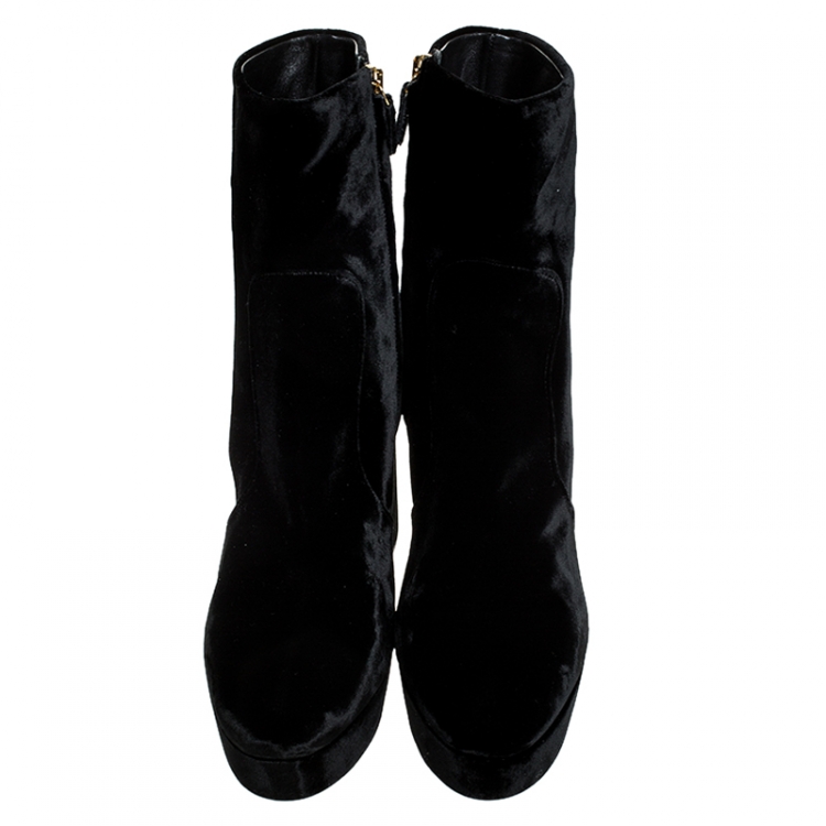 Pre Owned Prada Black Velvet Zip Platform Ankle Boots Size 41
