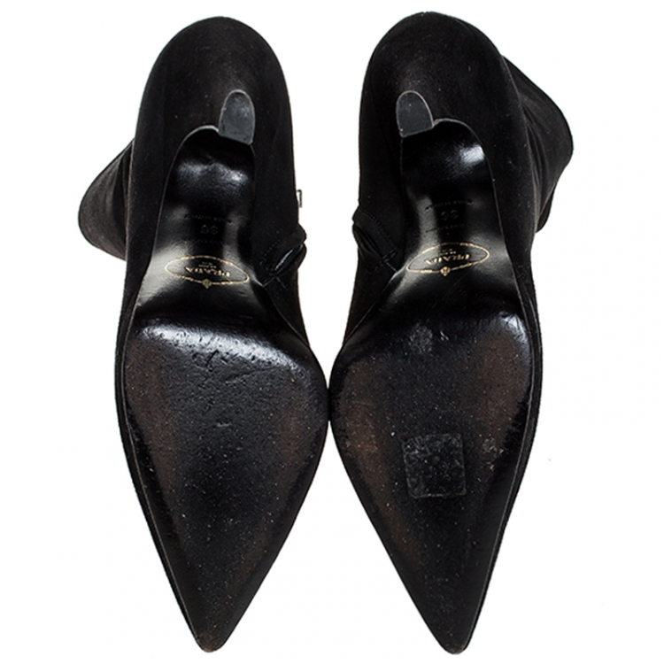 Pre Owned Prada Black Suede Pointed Toe Platform Ankle Boots Size 36