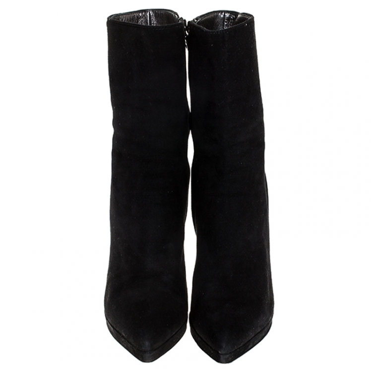 Pre Owned Prada Black Suede Pointed Toe Platform Ankle Boots Size 36