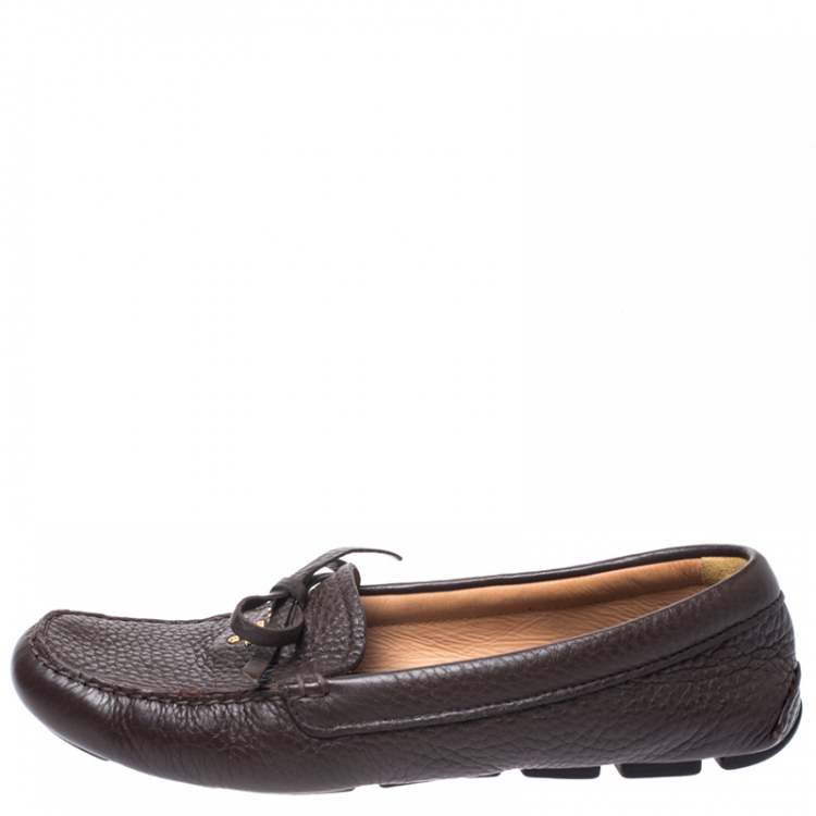 Pre Owned Prada Brown Leather Bow Loafers Size 38