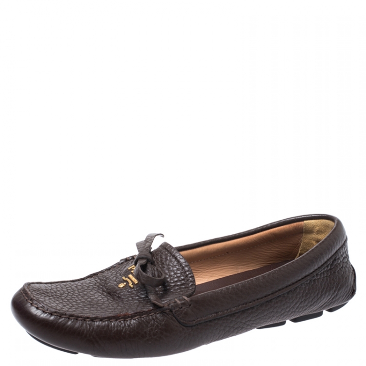 Pre Owned Prada Brown Leather Bow Loafers Size 38