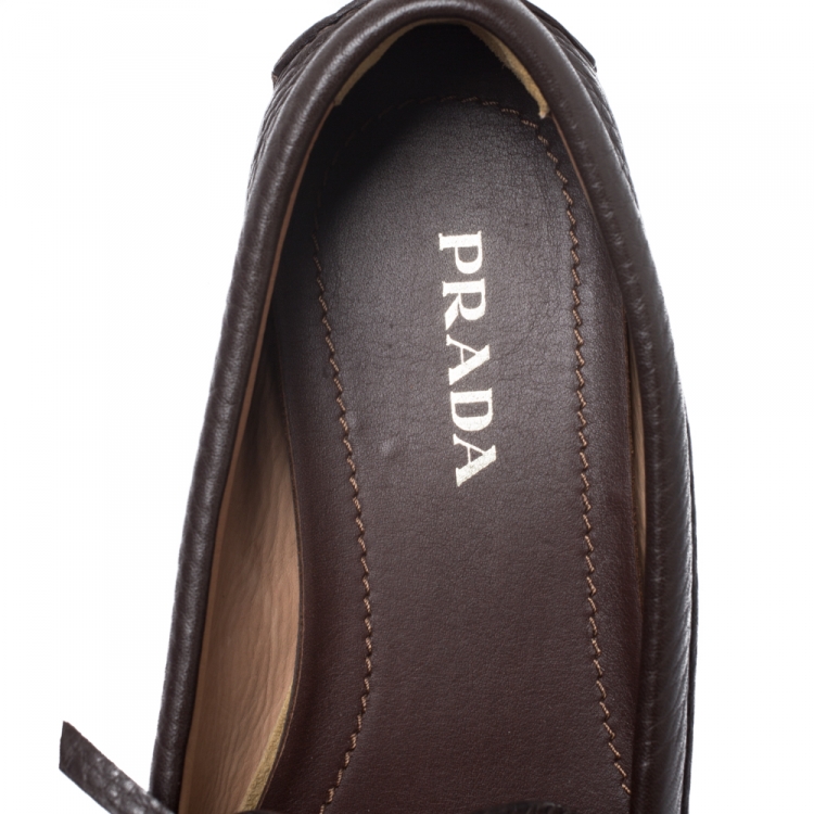 Pre Owned Prada Brown Leather Bow Loafers Size 38