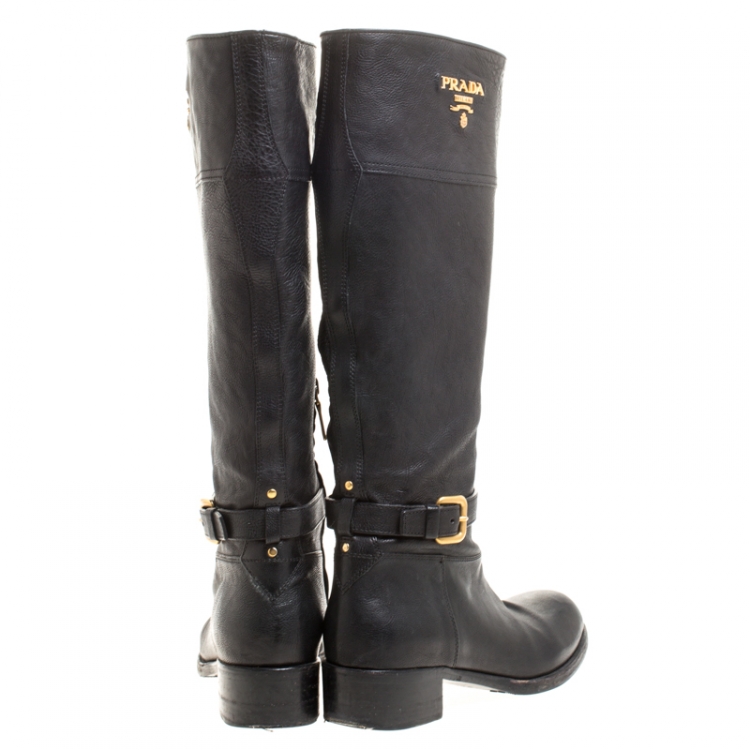 Pre Owned Prada Black Leather Buckle Mid Calf Boots Size 36