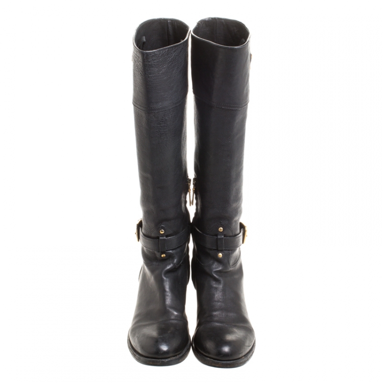 Pre Owned Prada Black Leather Buckle Mid Calf Boots Size 36