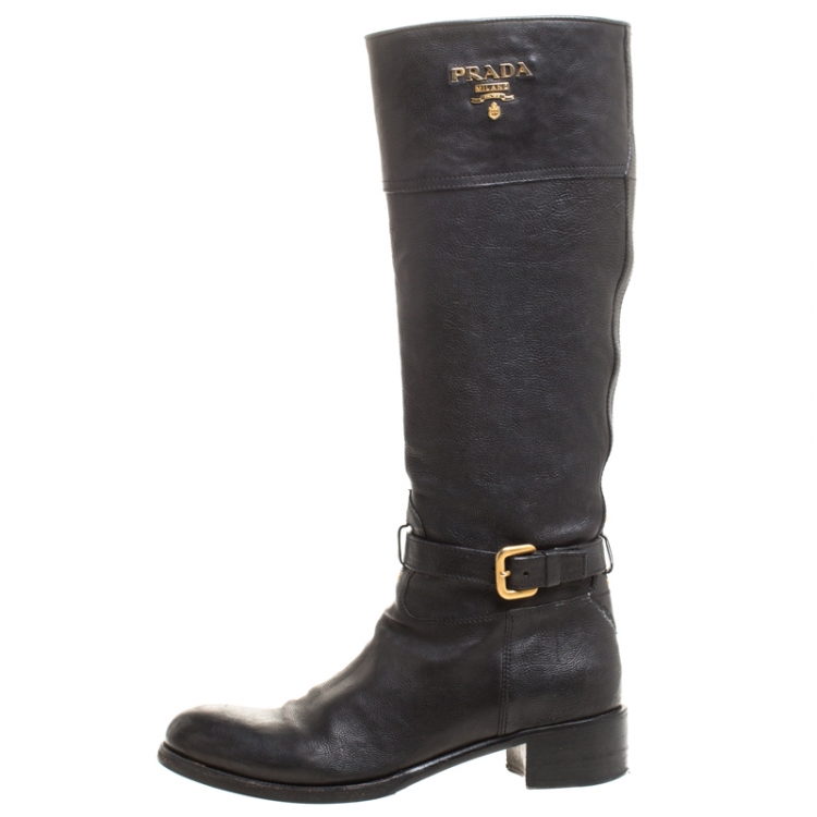 Pre Owned Prada Black Leather Buckle Mid Calf Boots Size 36