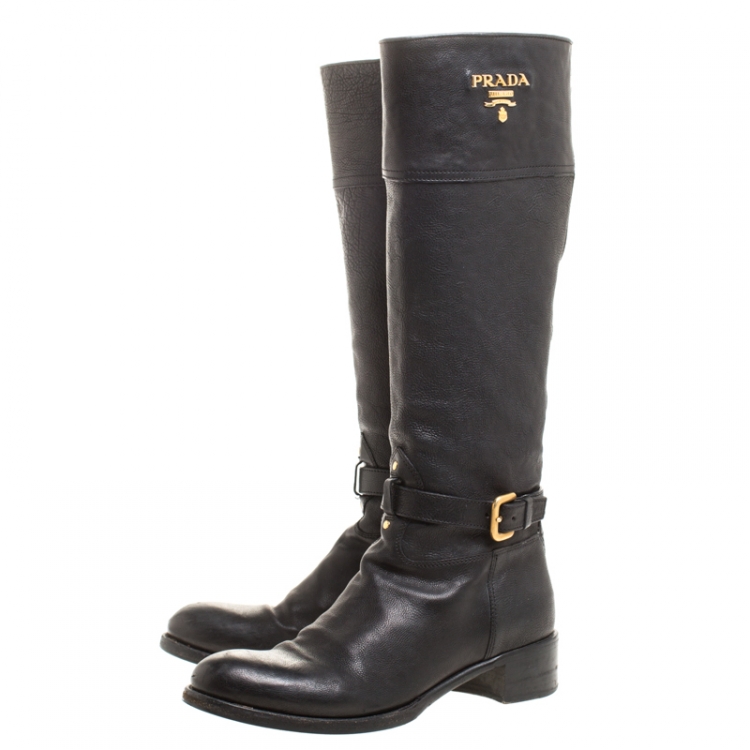 Pre Owned Prada Black Leather Buckle Mid Calf Boots Size 36