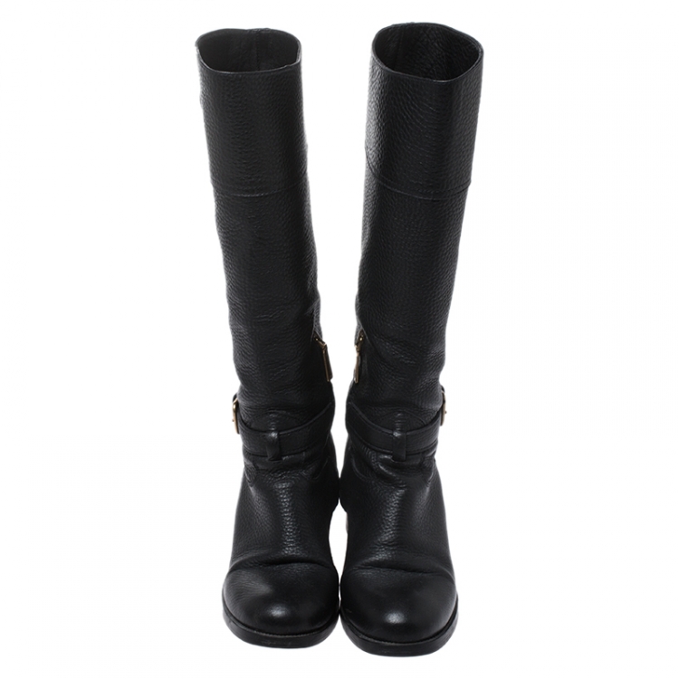 Pre Owned Prada Black Leather Mid Calf Boots Size 38.5