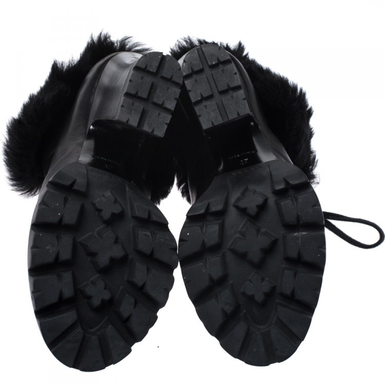 Pre Owned Prada Black Fur Ankle Lace Up Platform Boots Size 37