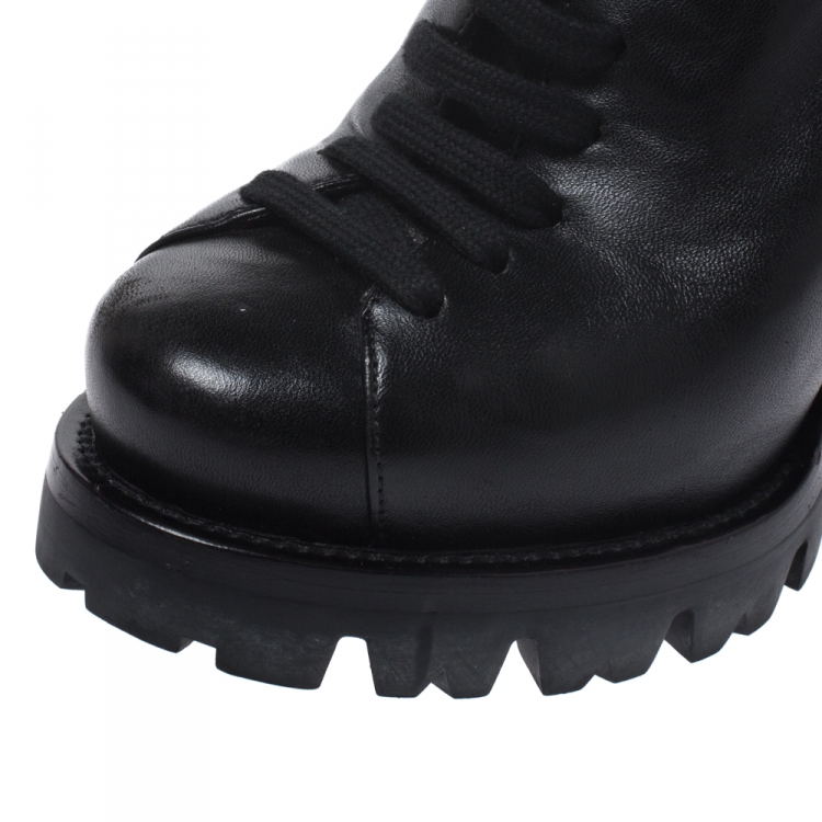 Pre Owned Prada Black Fur Ankle Lace Up Platform Boots Size 37