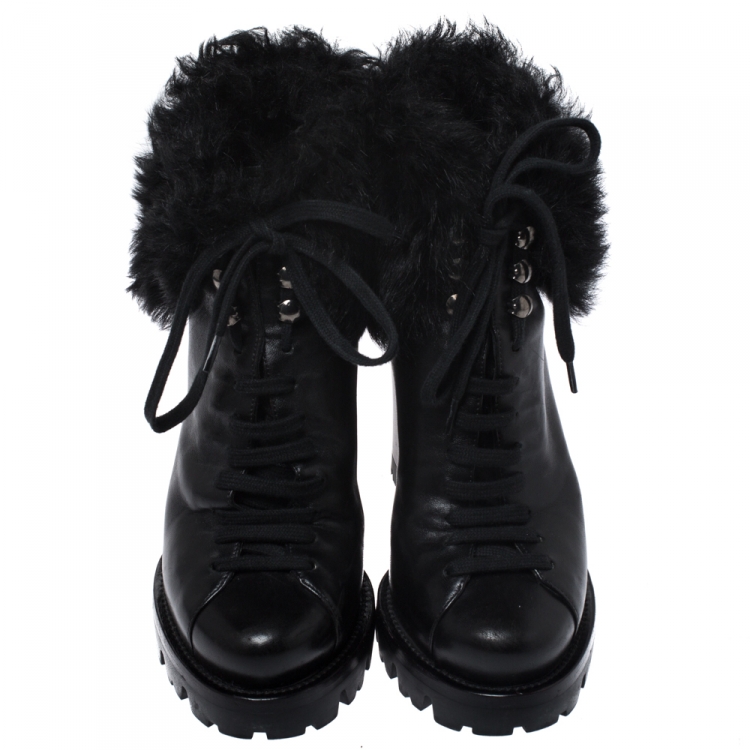 Pre Owned Prada Black Fur Ankle Lace Up Platform Boots Size 37
