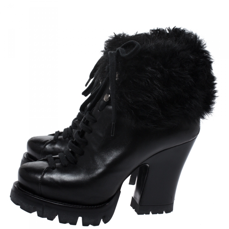 Pre Owned Prada Black Fur Ankle Lace Up Platform Boots Size 37