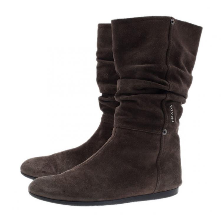 Pre Owned Prada Sport Brown Suede Mid Calf Flat Boots Size 37