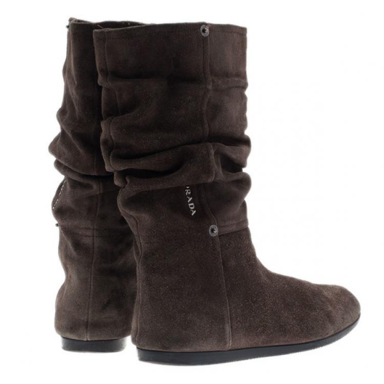 Pre Owned Prada Sport Brown Suede Mid Calf Flat Boots Size 37