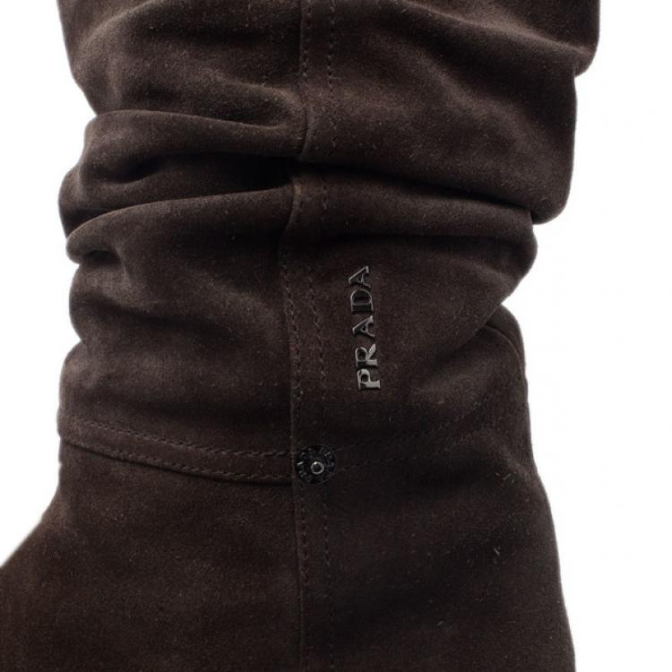 Pre Owned Prada Sport Brown Suede Mid Calf Flat Boots Size 37