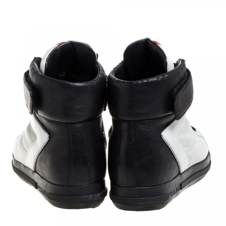 Pre Owned Prada Black/White Leather High Top Sneakers Size 37.5