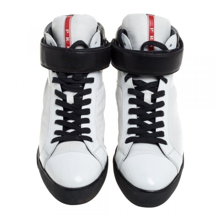 Pre Owned Prada Black/White Leather High Top Sneakers Size 37.5