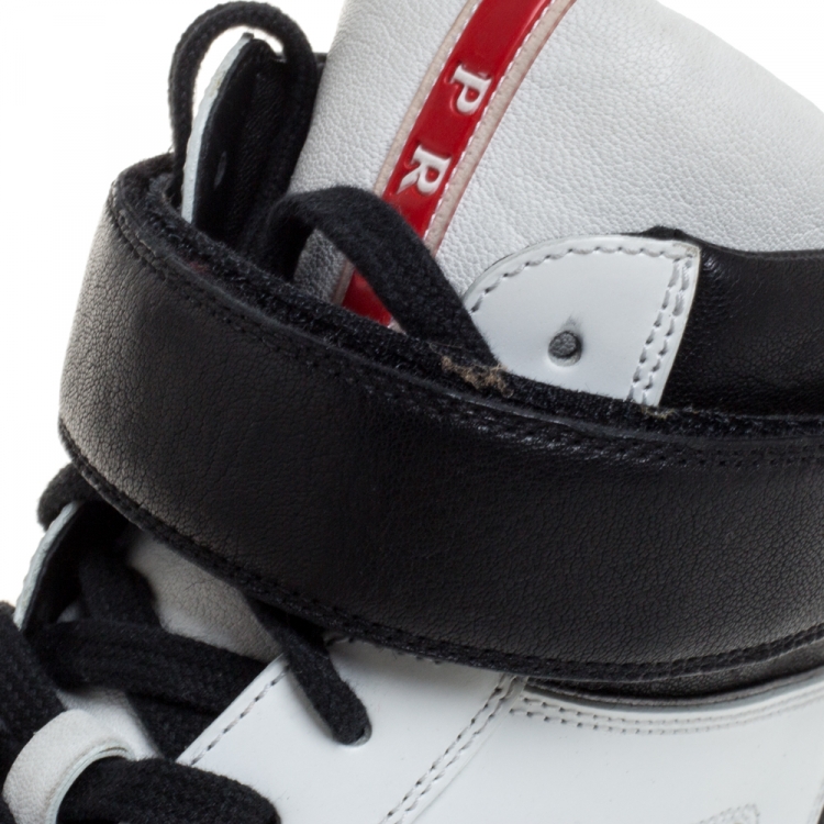 Pre Owned Prada Black/White Leather High Top Sneakers Size 37.5
