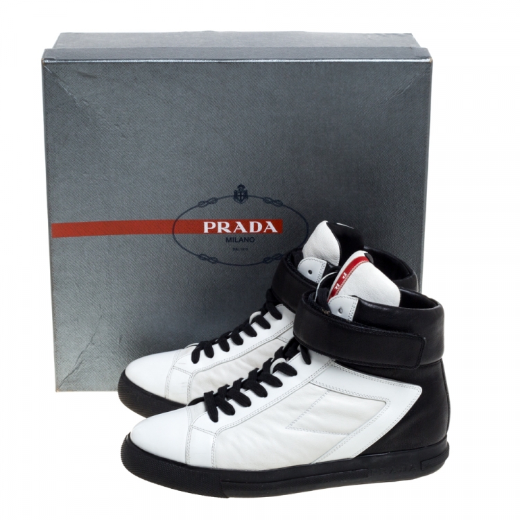 Pre Owned Prada Black/White Leather High Top Sneakers Size 37.5