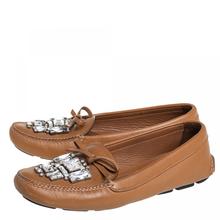 Pre Owned Prada Brown Leather Crystal Embellished Loafers Size 37