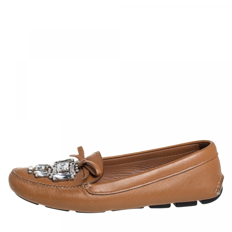 Pre Owned Prada Brown Leather Crystal Embellished Loafers Size 37