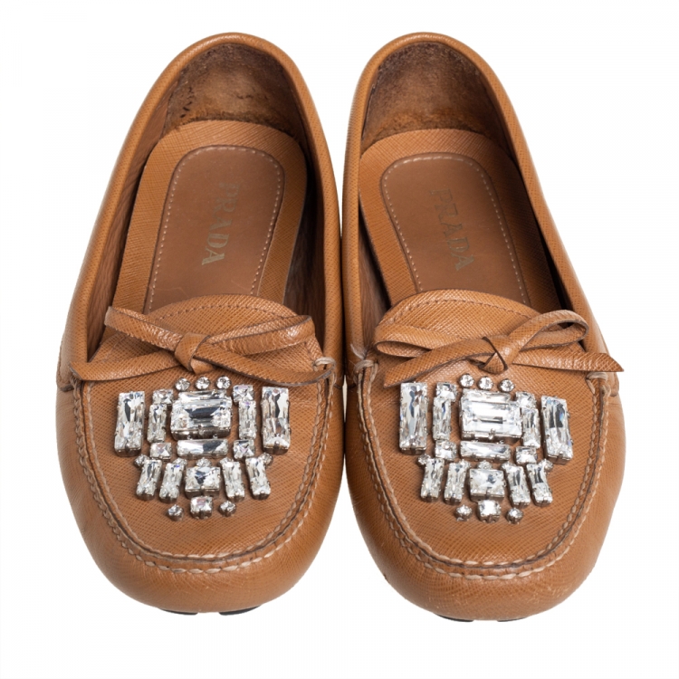 Pre Owned Prada Brown Leather Crystal Embellished Loafers Size 37