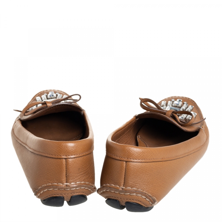 Pre Owned Prada Brown Leather Crystal Embellished Loafers Size 37