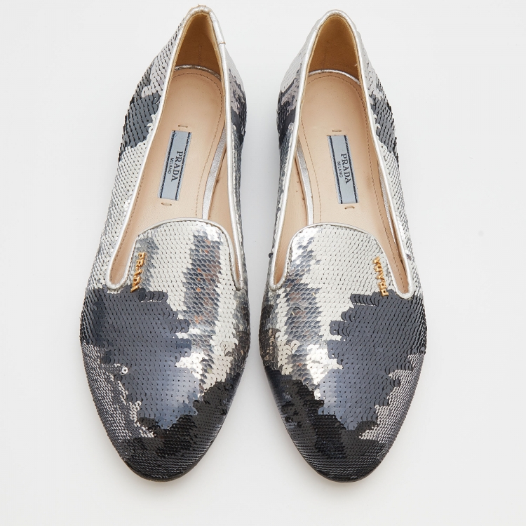 Pre Owned Prada Metallic Sequin Embellished Smoking Slippers Size 37.5