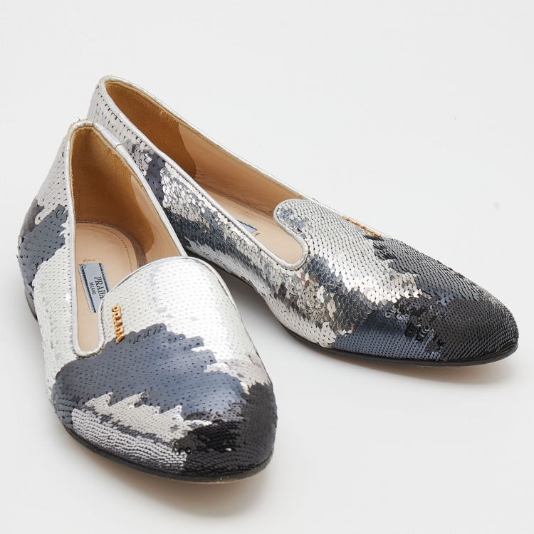 Pre Owned Prada Metallic Sequin Embellished Smoking Slippers Size 37.5