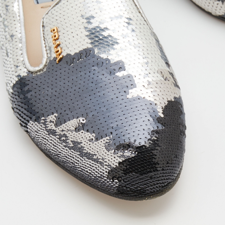 Pre Owned Prada Metallic Sequin Embellished Smoking Slippers Size 37.5