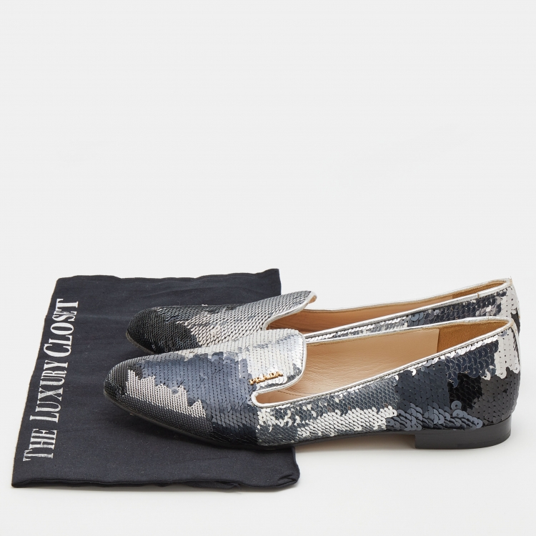 Pre Owned Prada Metallic Sequin Embellished Smoking Slippers Size 37.5