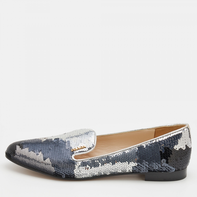 Pre Owned Prada Metallic Sequin Embellished Smoking Slippers Size 37.5
