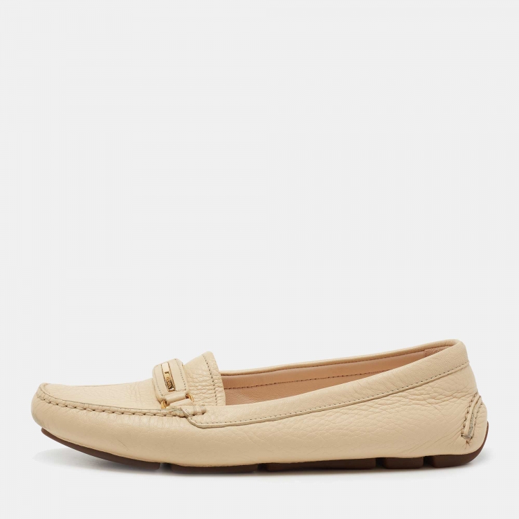 Pre Owned Prada Cream Leather Bar Driver Slip on Loafers Size 37.5