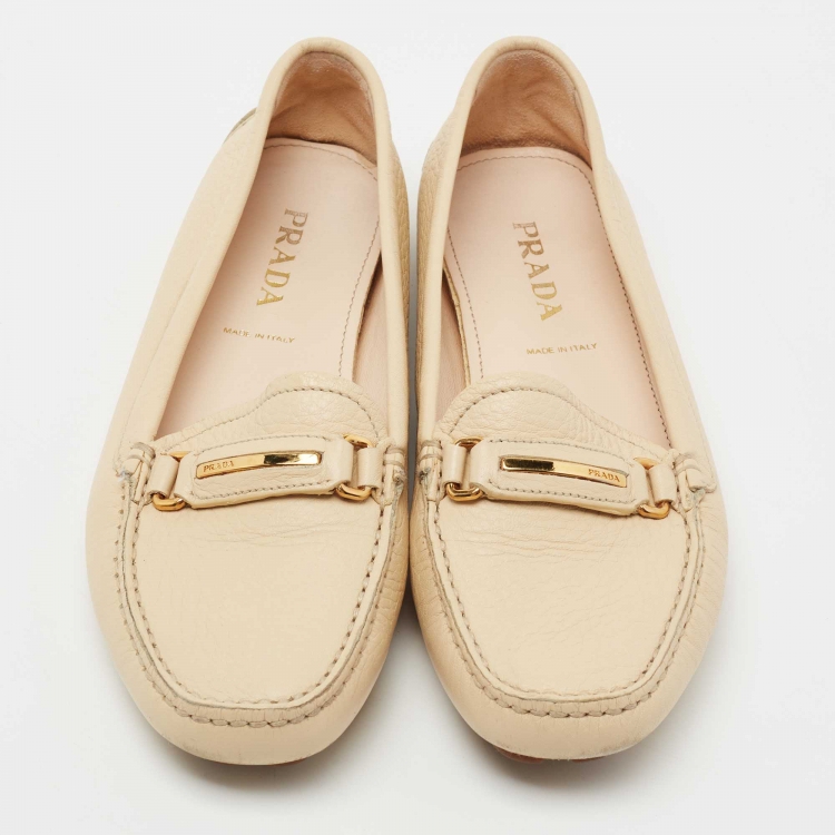 Pre Owned Prada Cream Leather Bar Driver Slip on Loafers Size 37.5