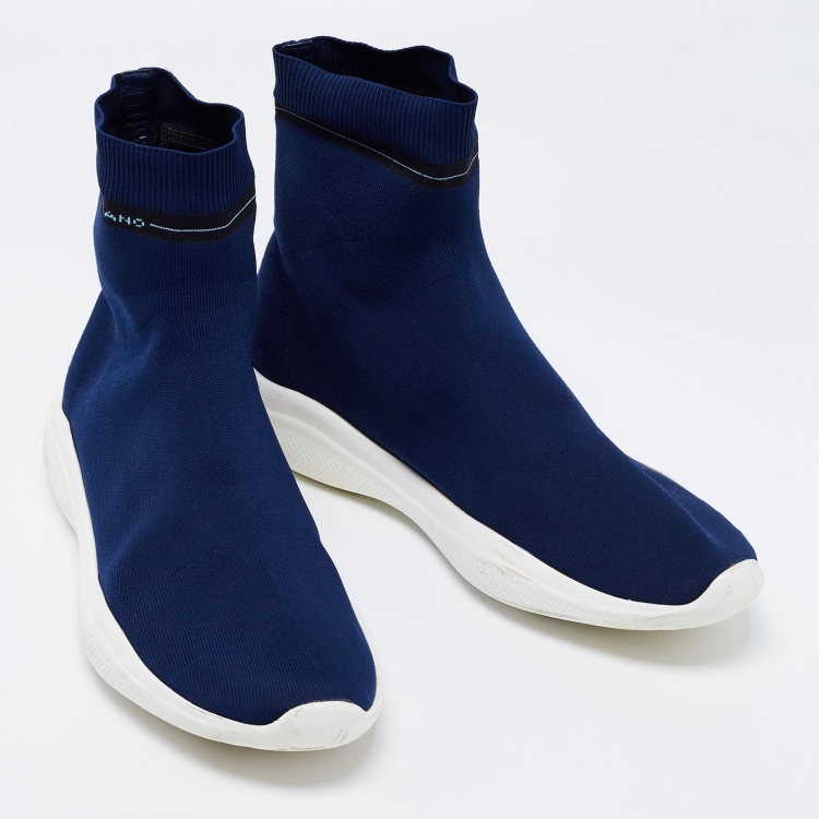 Pre Owned Prada Sport Navy Blue Knit Fabric High Top Sneakers Size 37.5