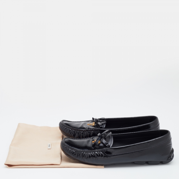 Pre Owned Prada Black Patent Leather Bow Slip On Loafers Size 38