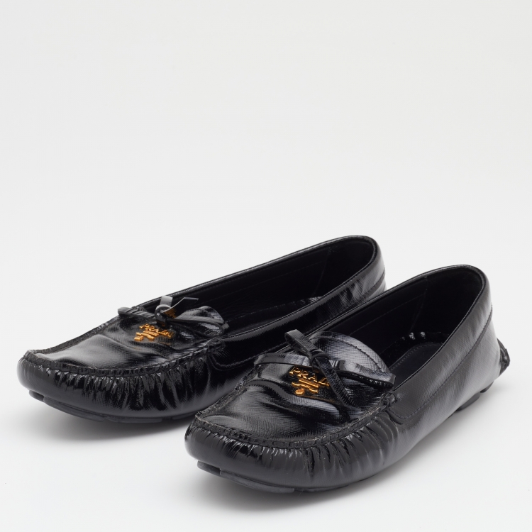 Pre Owned Prada Black Patent Leather Bow Slip On Loafers Size 38