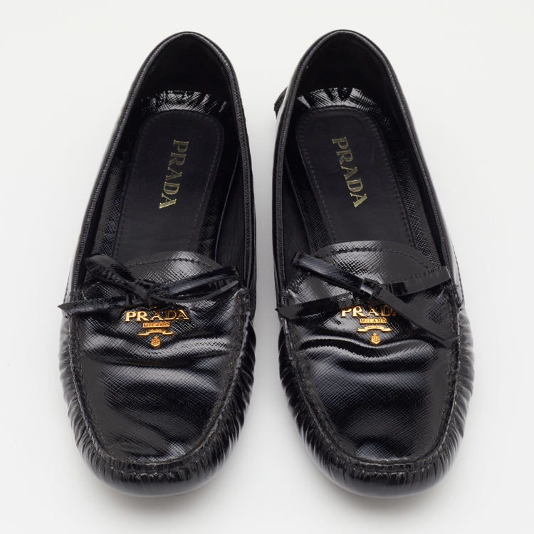 Pre Owned Prada Black Patent Leather Bow Slip On Loafers Size 38