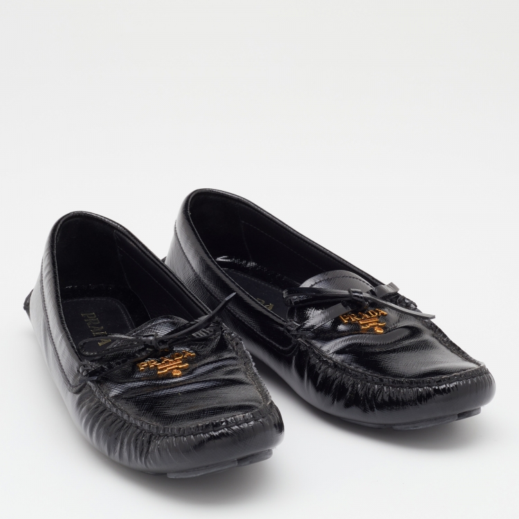 Pre Owned Prada Black Patent Leather Bow Slip On Loafers Size 38