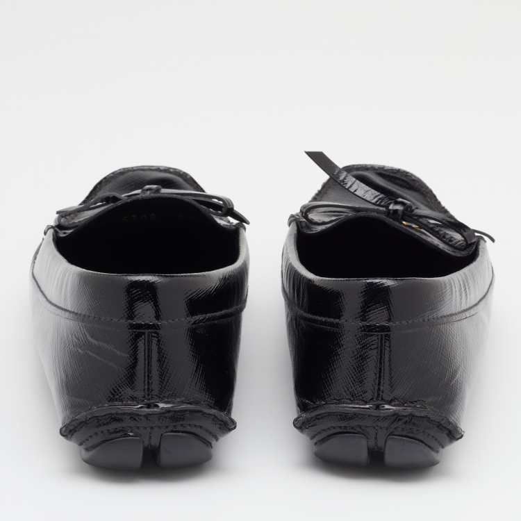 Pre Owned Prada Black Patent Leather Bow Slip On Loafers Size 38