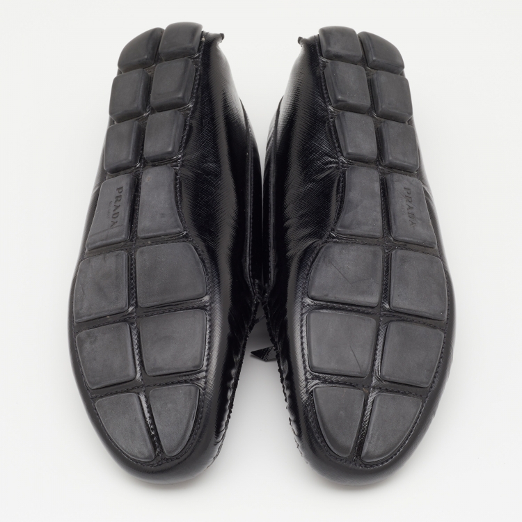 Pre Owned Prada Black Patent Leather Bow Slip On Loafers Size 38