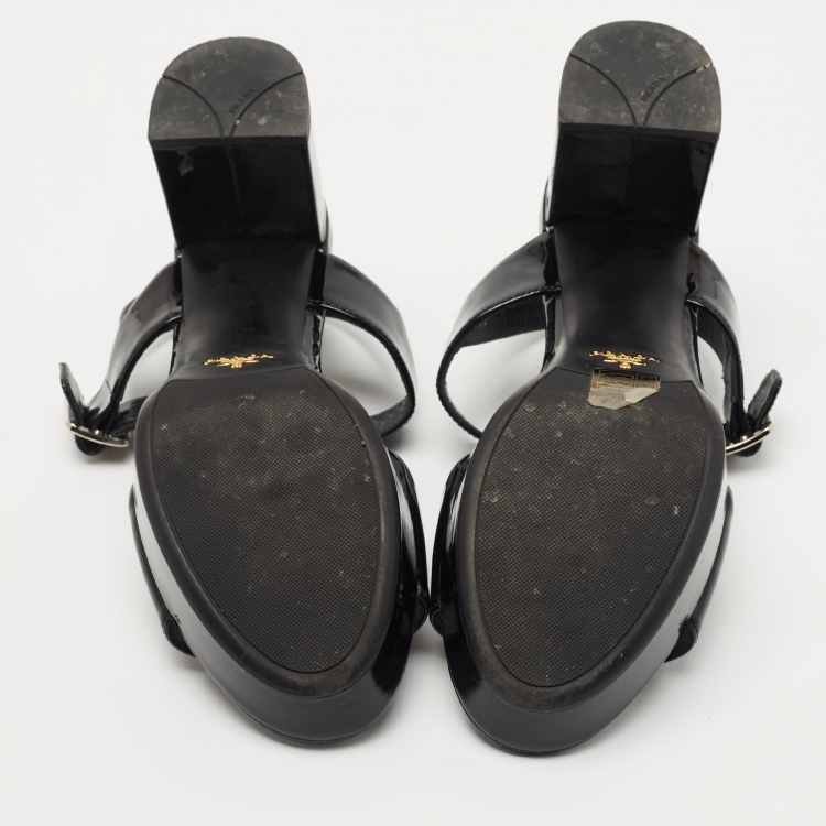 Pre Owned Prada Black Patent Ankle Strap Platform Sandals Size 38.5