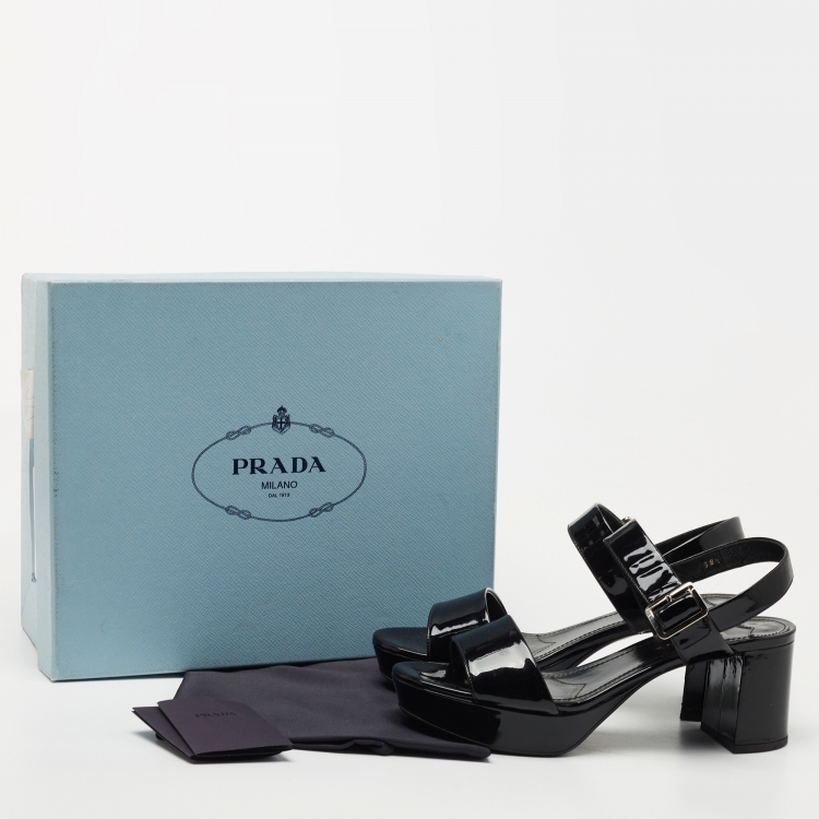 Pre Owned Prada Black Patent Ankle Strap Platform Sandals Size 38.5