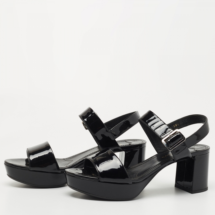 Pre Owned Prada Black Patent Ankle Strap Platform Sandals Size 38.5